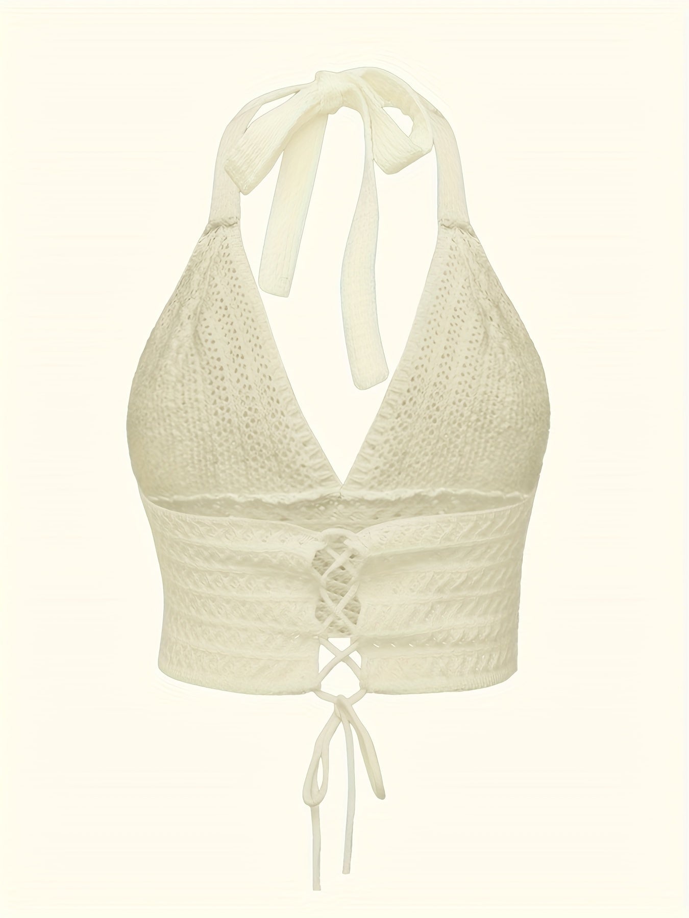 Solid Cross Tie Back Halter Top, Versatile V-neck Backless Crop Knitted Top, Women's Clothing